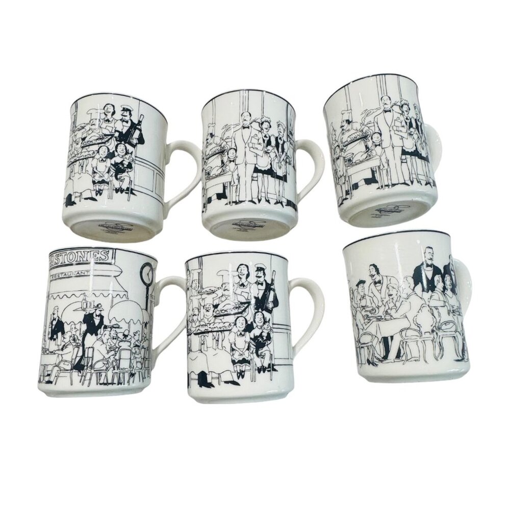 Epoch "Le Restaurant" Black & White Mug Set Of 6 Vintage Bistro Design 4" Tall